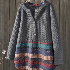 Tribal Print Long Sleeve Hooded Padded Jacket, Casual Button Front Loose Hem Outerwear, Women's Clothing