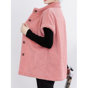 Button Front Teddy Vest, Casual Short Sleeve Solid Versatile Vest, Women's Clothing