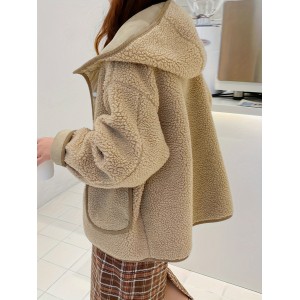 Solid Hooded Teddy Coat, Casual Button Front Long Sleeve Winter Outerwear, Women's Clothing