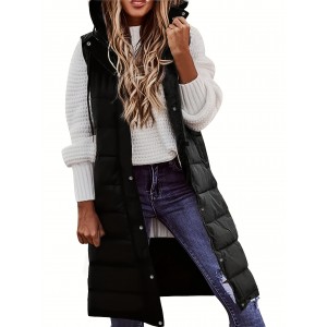 Hooded Sleeveless Coat, Casual Long Length Versatile Winter Warm Outerwear, Women's Clothing