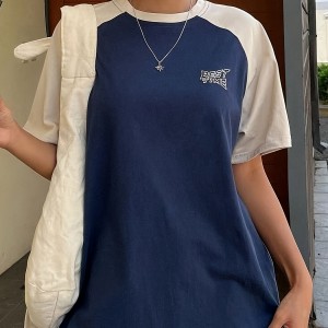 Letter Print Colorblock Crew Neck T-Shirt, Casual Raglan Sleeve Top For Spring & Summer, Women's Clothing