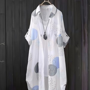 Allover Print Button Front Blouse, Casual Long Sleeve Thigh Length Blouse For Spring & Fall, Women's Clothing