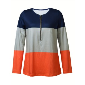 Colorblock Stripe Print Zip Front T-Shirt, Casual Long Sleeve Top For Spring & Fall, Women's Clothing