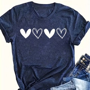 Heart Print Crew Neck T-Shirt, Cute Short Sleeve T-Shirt For Spring & Summer, Women's Clothing