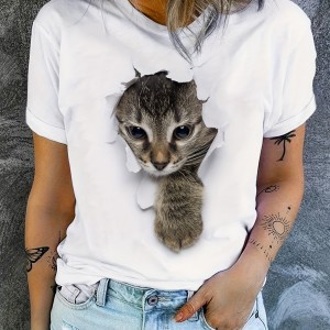 Cute Cat Print T-Shirt, Crew Neck Short Sleeve T-Shirt, Casual Every Day Tops, Women's Clothing