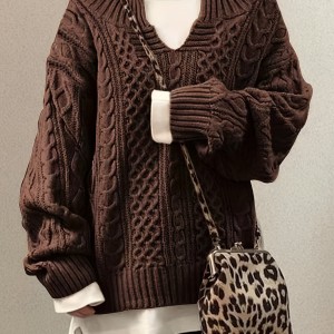 Solid Notched Neck Pullover Sweater, Casual Long Sleeve Sweater For Fall & Winter, Women's Clothing