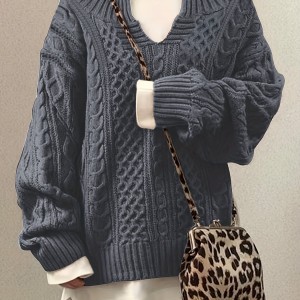 Solid Notched Neck Pullover Sweater, Casual Long Sleeve Sweater For Fall & Winter, Women's Clothing