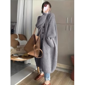 Solid Button Front Turtle Neck Cardigan, Casual Long Sleeve Pocket Oversized Sweater Overcoat, Women's Clothing