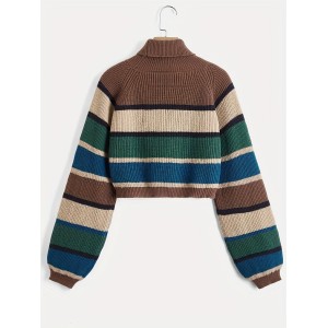 Bear Pattern Striped Pullover Sweater, Cute Turtle Neck Long Sleeve Crop Sweater, Women's Clothing