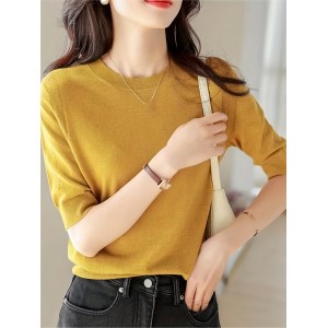 Half Sleeve Knit Swearter, Casual Crew Neck Solid Sweater For Spring & Summer, Women's Clothing