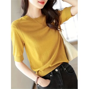 Half Sleeve Knit Swearter, Casual Crew Neck Solid Sweater For Spring & Summer, Women's Clothing