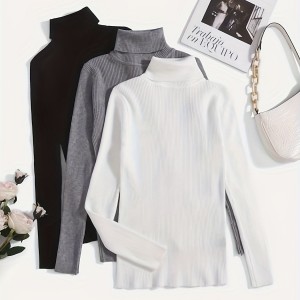 Solid Turtle Neck Rib Knit Sweater 3 Pack, Elegant Long Sleeve Slim Versatile Sweater, Women's Clothing