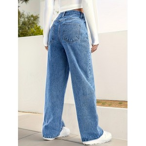 Loose Fit Washed Straight Jeans, Slant Pockets Non-Stretch Denim Pants, Women's Denim Jeans & Clothing