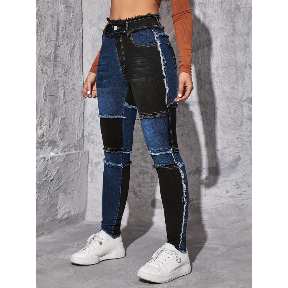 Colorblock Raw Hem Skinny Jeans, Slim Fit Slash Pockets High-Stretch Patchwork Casual Denim Pants, Women's Denim Jeans & Clothing