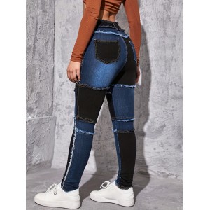 Colorblock Raw Hem Skinny Jeans, Slim Fit Slash Pockets High-Stretch Patchwork Casual Denim Pants, Women's Denim Jeans & Clothing