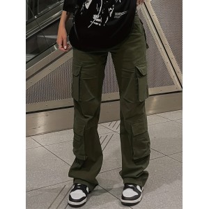 Green Loose Fit Cargo Pants, Flap Pockets Non-Stretch Baggy Denim Pants, Y2K Kpop Vintage Style, Women's Denim Jeans & Clothing